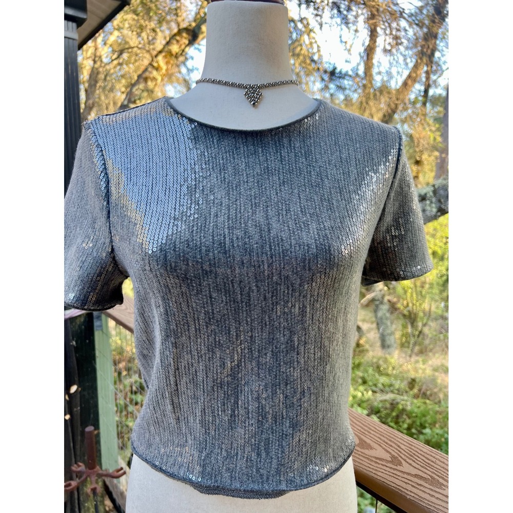 Christian Lacroix Grey Sequin Knit Short Sleeve Top Size S Crew Neck Sparkle